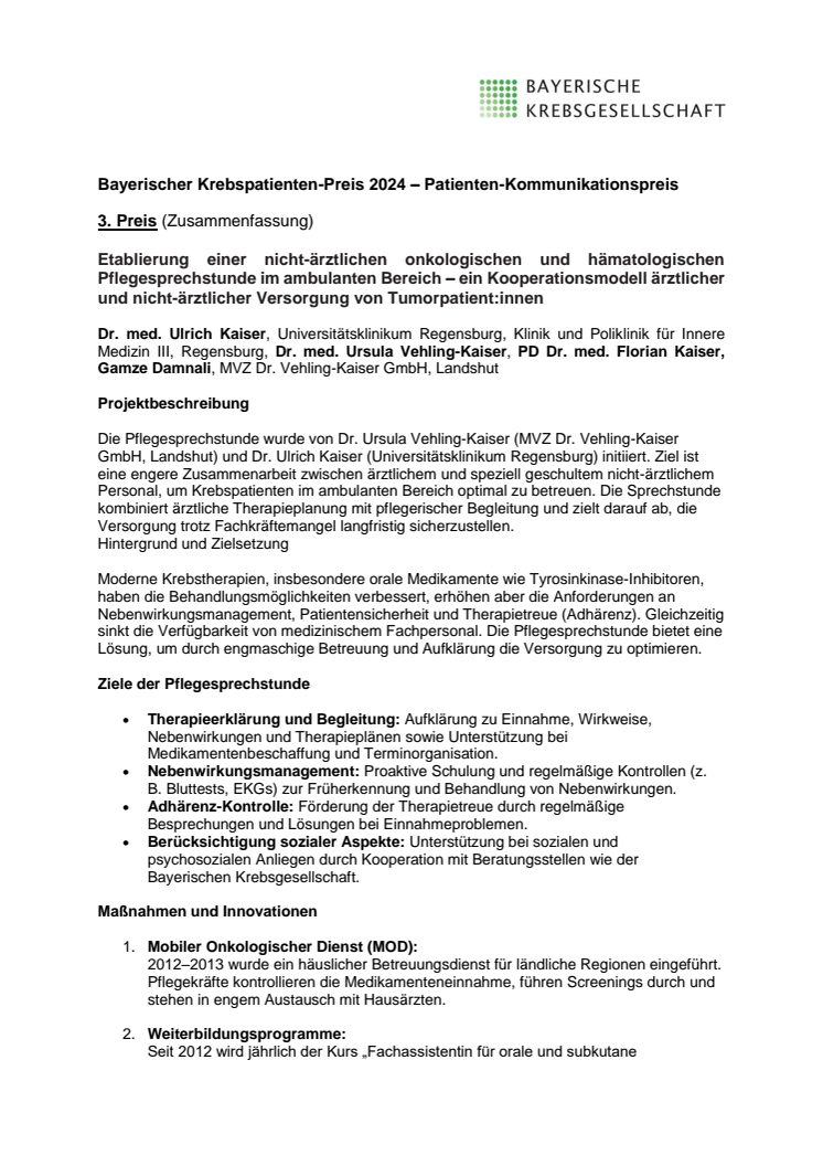 Dritter Preis: Etablierung einer nicht-ärztlichen onkologischen und hämatologischen Pflegesprechstunde im ambulanten Bereich – ein Kooperationsmodell ärztlicher und nicht-ärztlicher Versorgung von Tumorpatient:innen MVZ Landshut