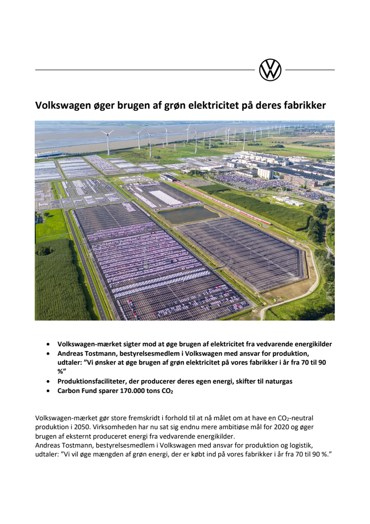 Volkswagen øger brugen af grøn elektricitet på deres fabrikker