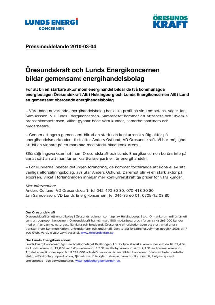 Öresundskraft och Lunds Energikoncernen bildar gemensamt energihandelsbolag