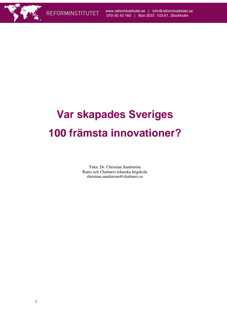 Var skapades Sveriges  100 främsta innovationer?