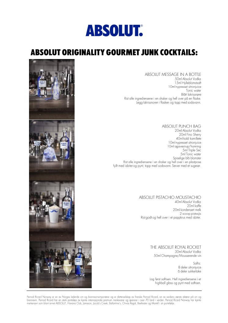 Absolut Originality - Gourmet Junk Cocktail meny