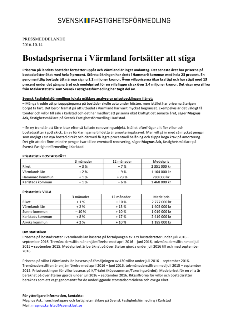 Bostadspriserna i Värmland fortsätter att stiga