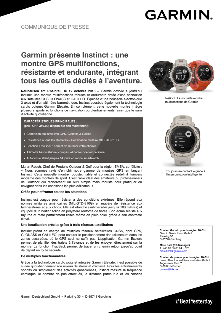 Garmin présente Instinct : une montre GPS multifonctions, résistante et endurante, intégrant tous les outils dédiés à l’aventure. 