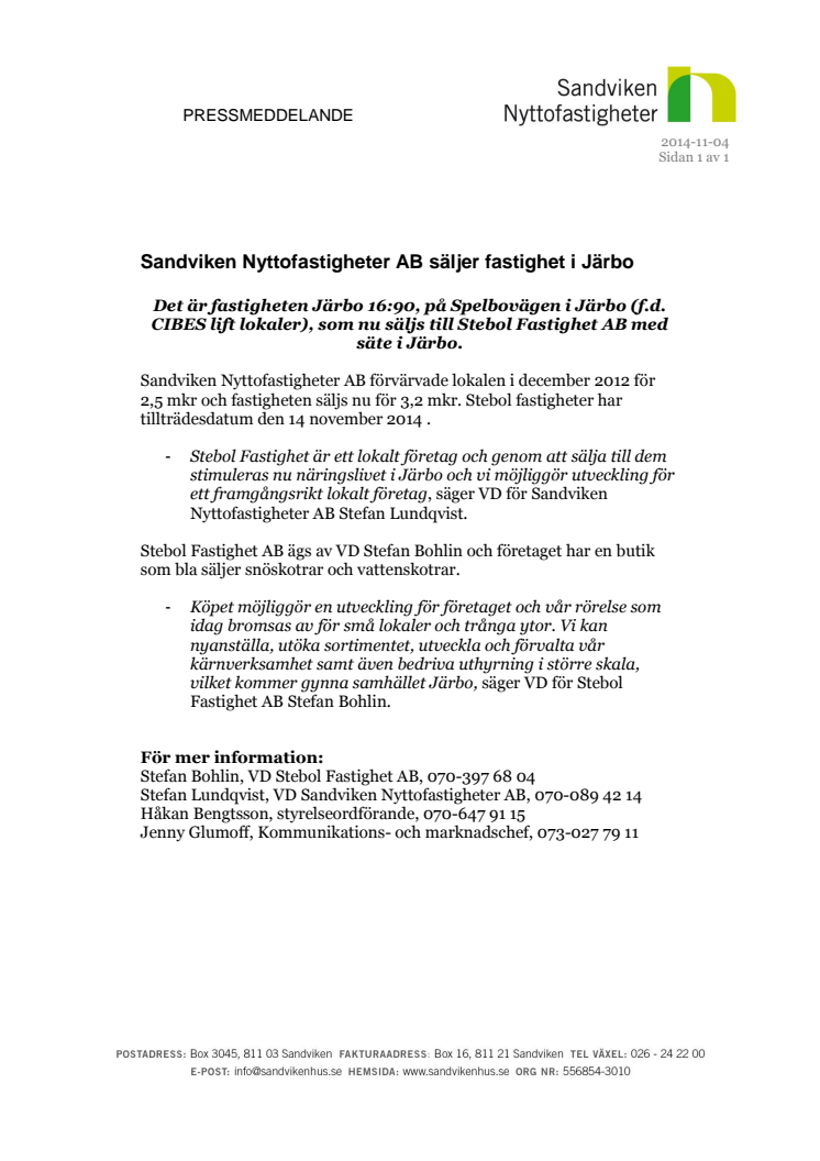 Sandviken Nyttofastigheter AB säljer fastighet i Järbo
