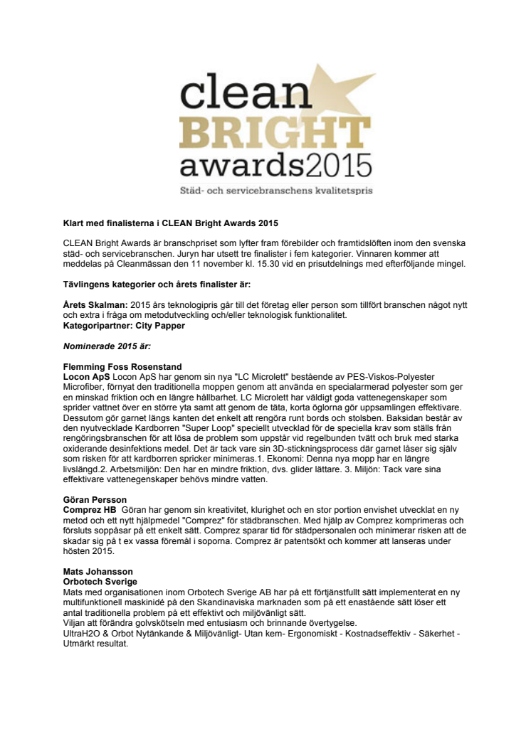 Klart med finalisterna i CLEAN Bright Awards 2015