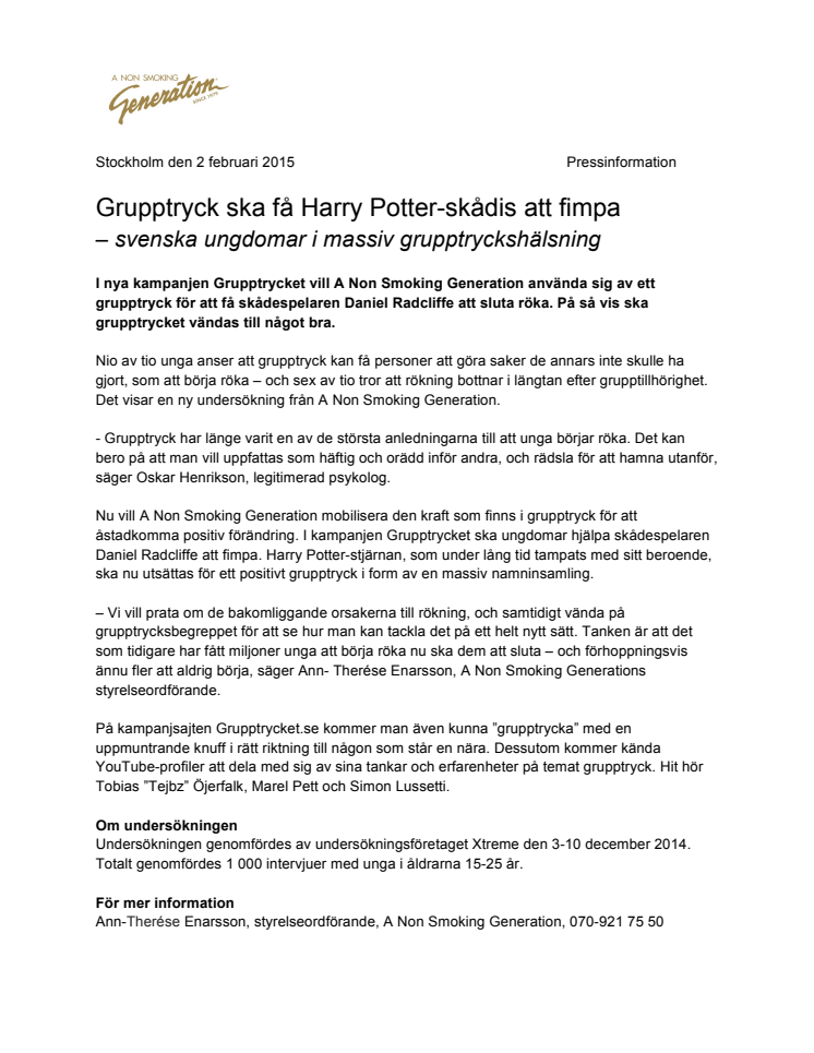 Grupptryck ska få Harry Potter-skådis att fimpa – svenska ungdomar i massiv grupptryckshälsning