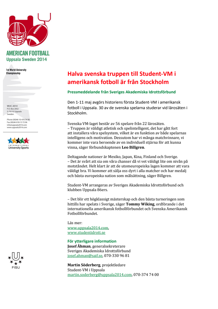 Halva svenska truppen till Student-VM i amerikansk fotboll är från Stockholm