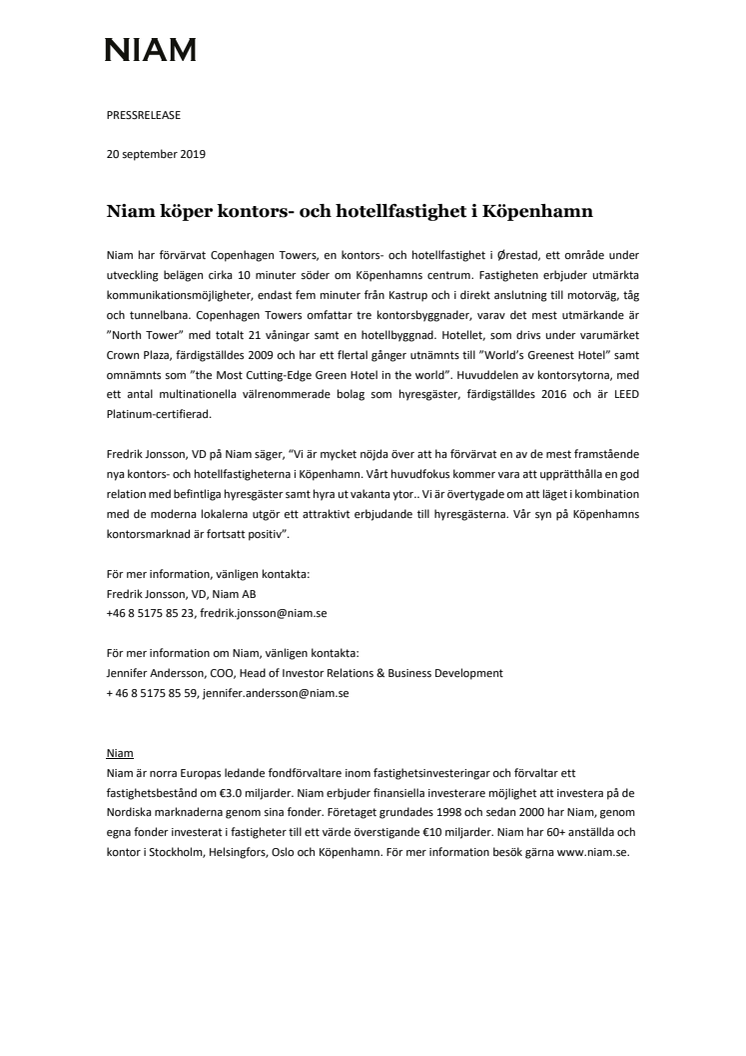 Niam köper kontors- och hotellfastighet i Köpenhamn