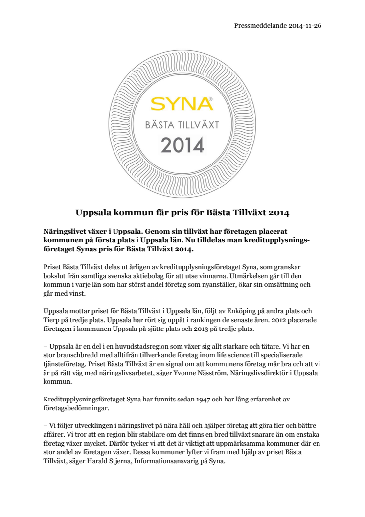 ​Uppsala kommun får pris för Bästa Tillväxt 2014