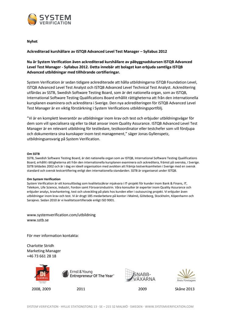 Ackrediterad kurshållare av ISTQB Advanced Level Test Manager – Syllabus 2012