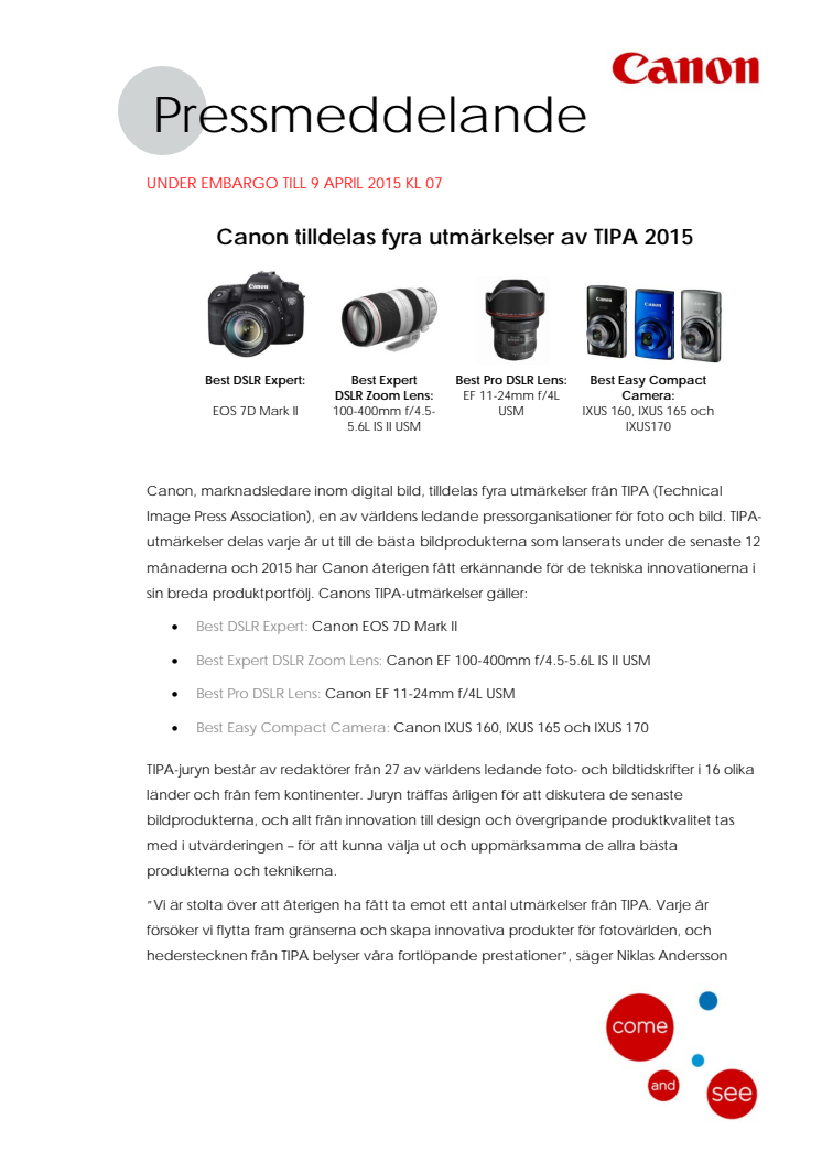 Canon tilldelas fyra utmärkelser av TIPA 2015