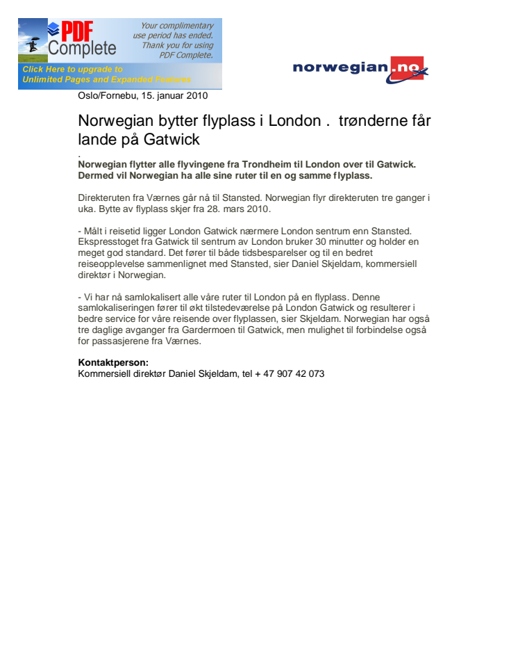 Norwegian bytter flyplass i London – trønderne får lande på Gatwick