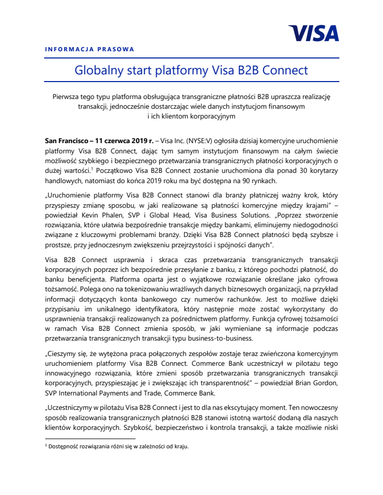 Globalny start platformy Visa B2B Connect