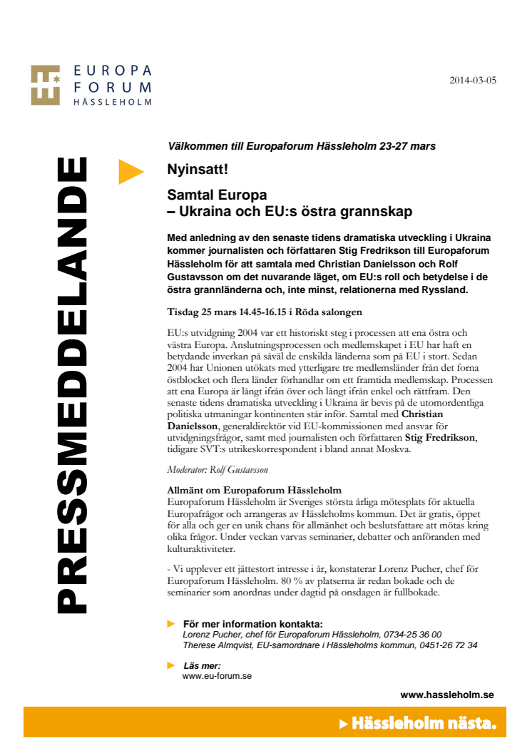 Europaforum Hässleholm: Nyinsatt programpunkt om Ukraina och EU:s östra grannskap