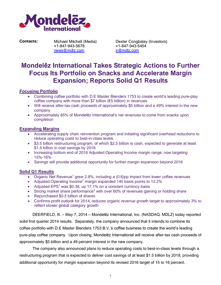 Mondelēz International Takes Strategic Actions to Further Focus Its Portfolio on Snacks and Accelerate Margin Expansion; Reports Solid Q1 Results