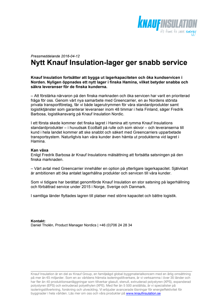 Nytt Knauf Insulation-lager ger snabb service 