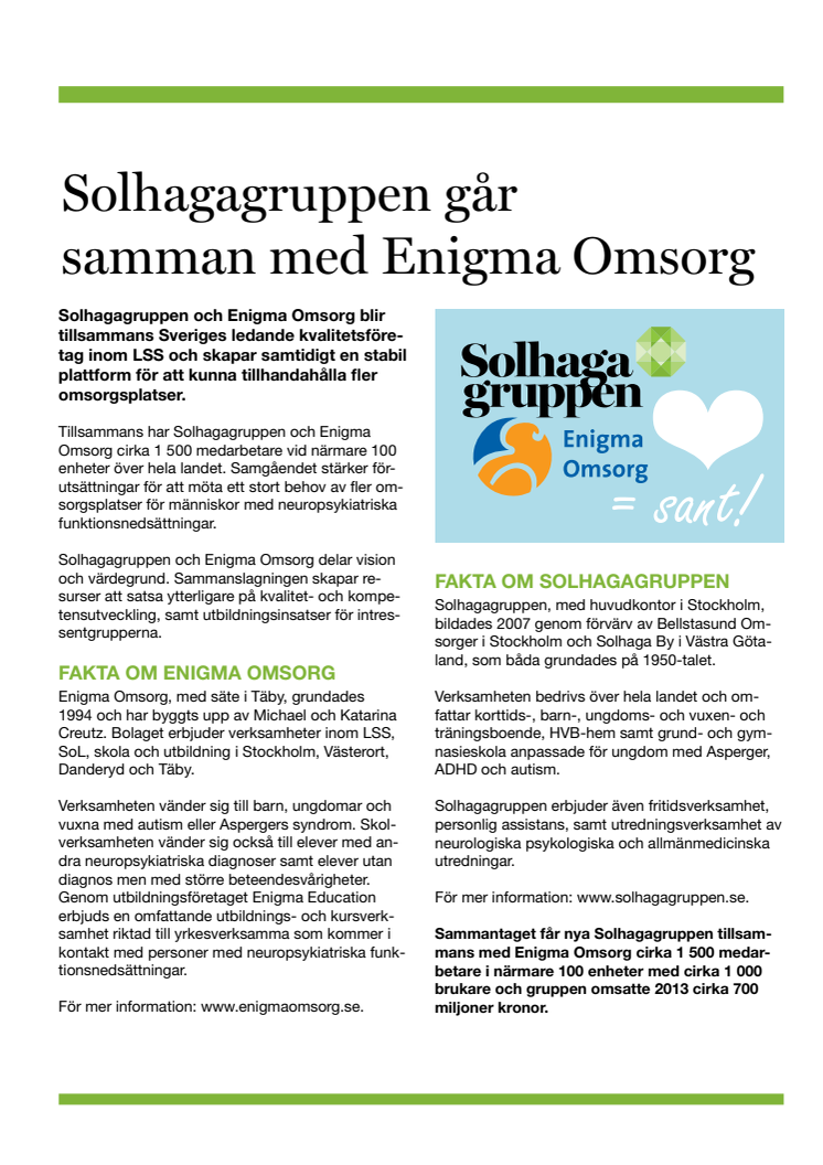 Solhagagruppen går samman med Enigma Omsorg 