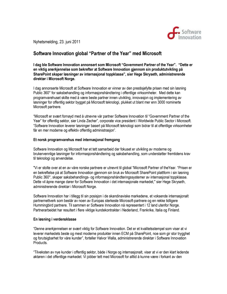 Software Innovation global “Partner of the Year” med Microsoft
