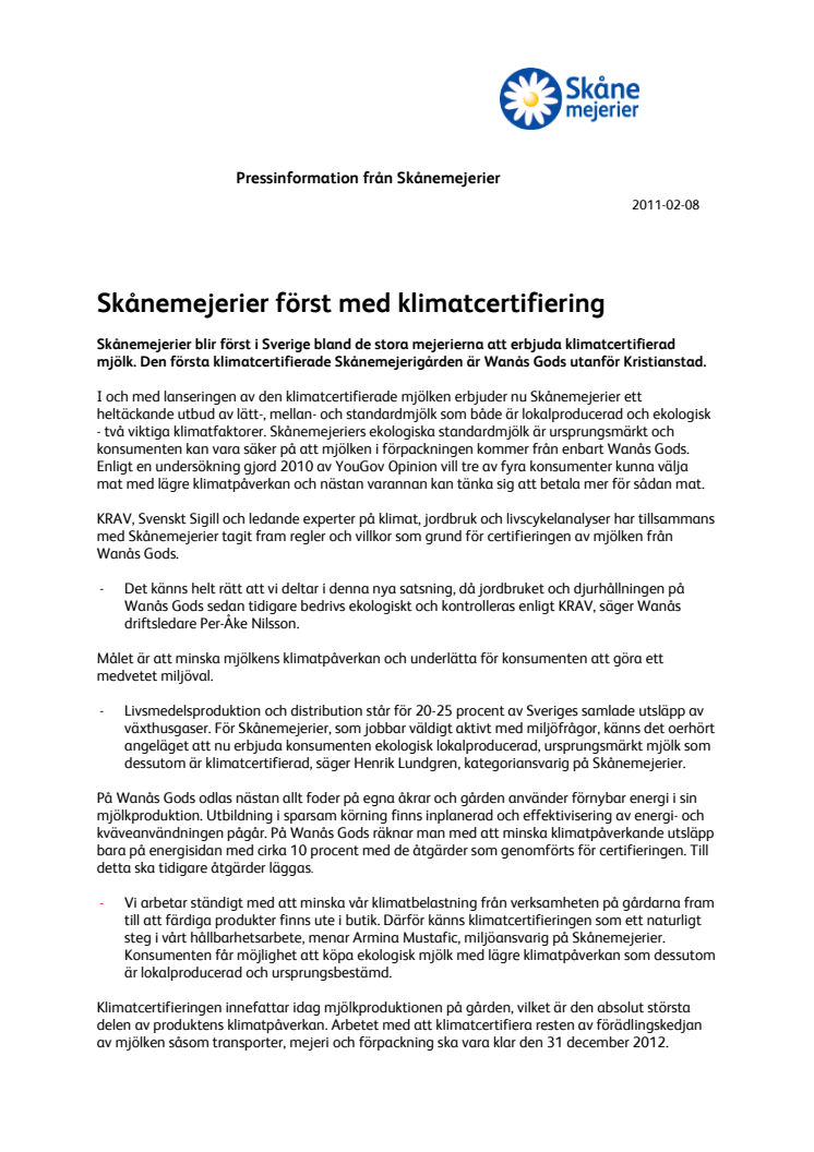 Skånemejerier först med klimatcertifiering