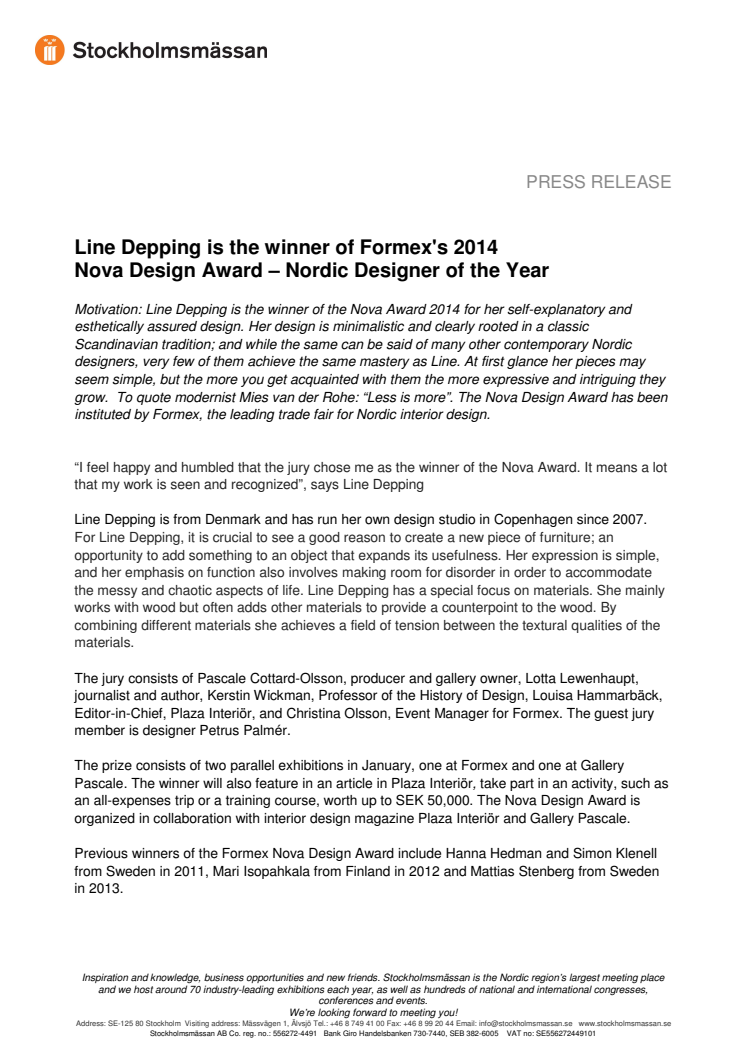 Line Depping is the winner of Formex's 2014 Nova Design Award – Nordic Designer of the Year