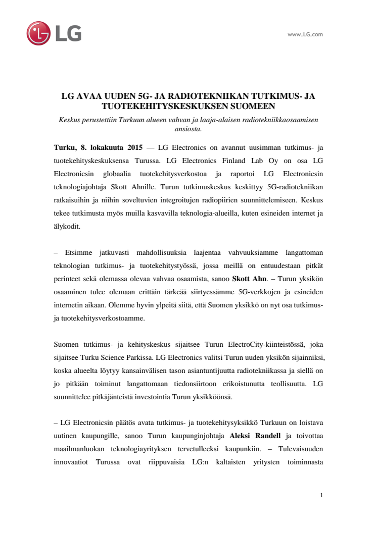 LG AVAA UUDEN 5G- JA RADIOTEKNIIKAN TUTKIMUS- JA TUOTEKEHITYSKESKUKSEN SUOMEEN