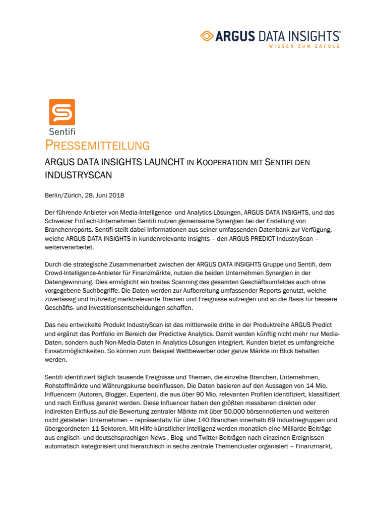 ARGUS DATA INSIGHTS LAUNCHT IN KOOPERATION MIT SENTIFI DEN INDUSTRYSCAN  