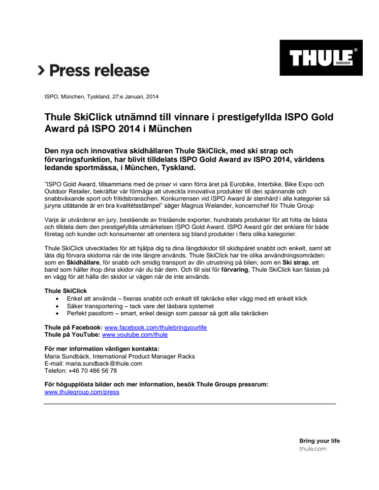 Thule SkiClick utnämnd till vinnare i prestigefyllda ISPO Gold Award på ISPO 2014 i München