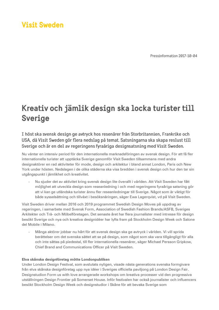 Kreativ och jämlik design ska locka turister till Sverige 