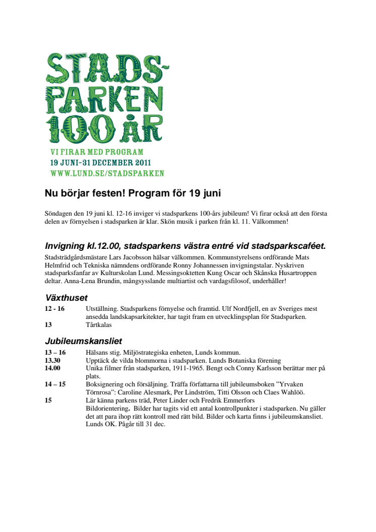 Stadsparken 100 år - program med karta för invigningen 19 juni