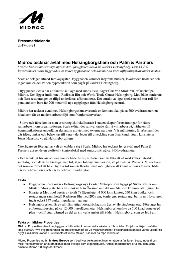 Midroc tecknar avtal med Helsingborgshem och Palm & Partners