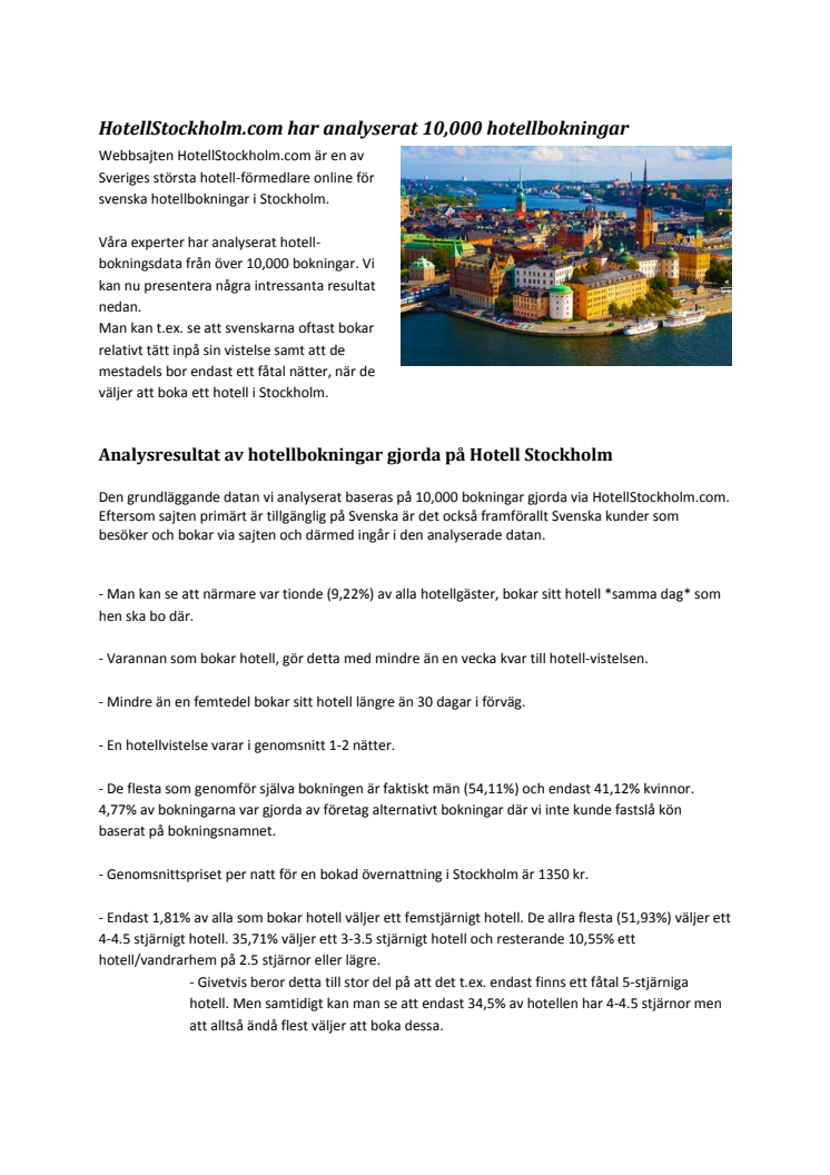 HotellStockholm.com har analyserat 10,000 hotellbokningar