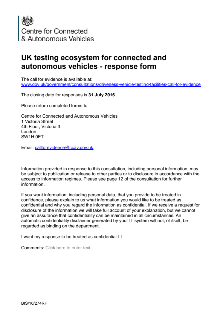 RAC response to CCAV consultation on the testing ecosystem for connected and autonomous vehicles 