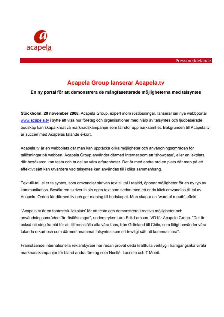 Acapela.tv - ny portal för att demonstrera de mångfasetterade möjligheterna med talsyntes