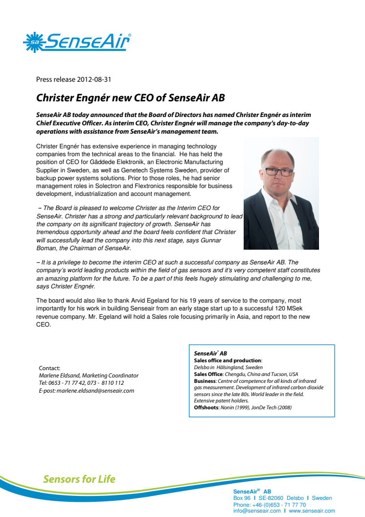 Christer Engnér new CEO of SenseAir AB