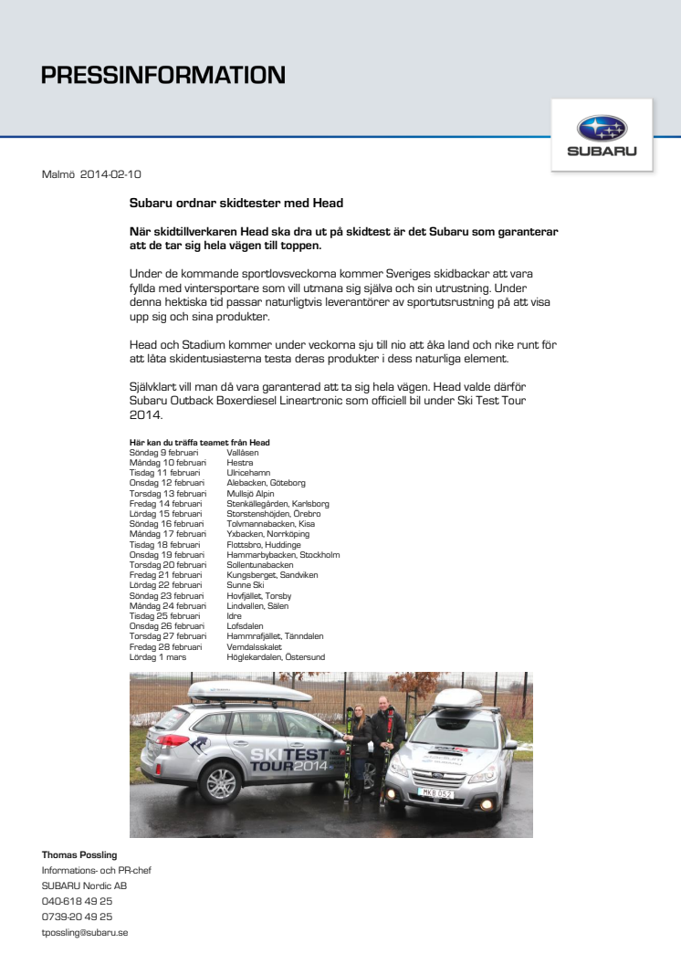 Subaru ordnar skidtester med Head