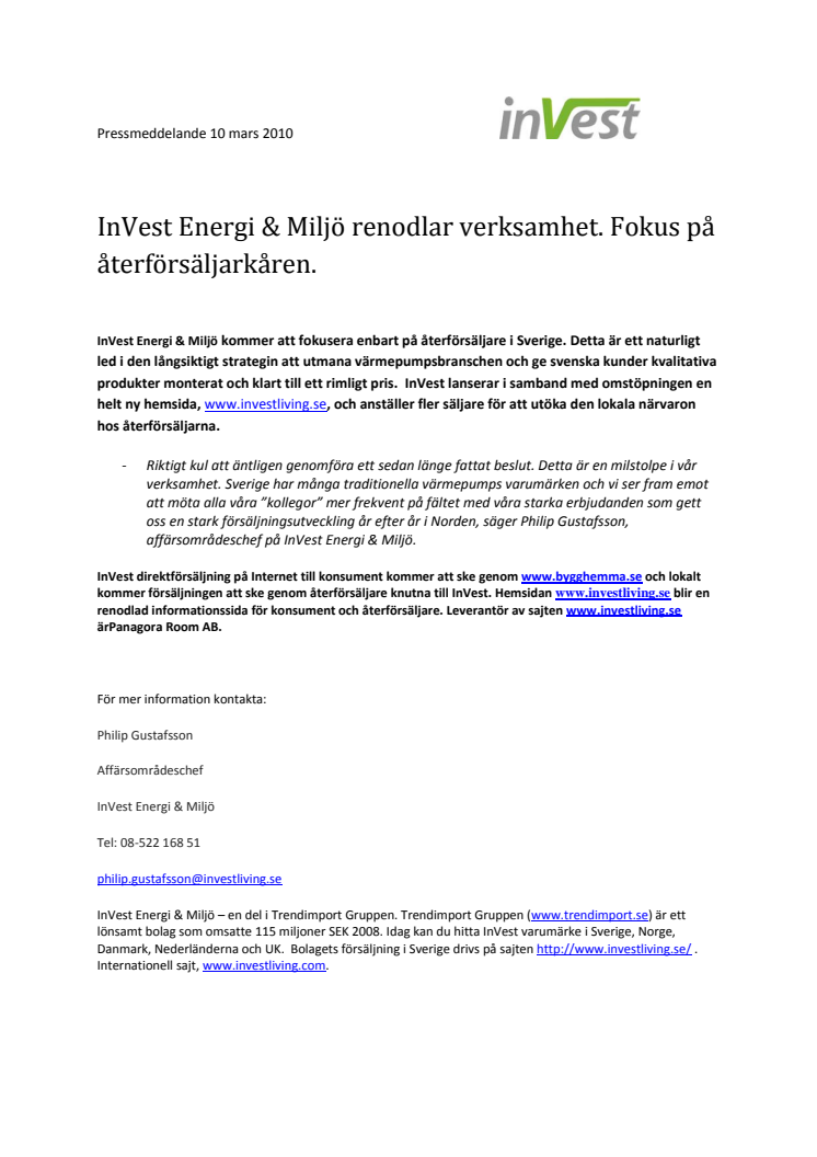 InVest Energi & Miljö renodlar verksamhet. Fokus på återförsäljarkåren.