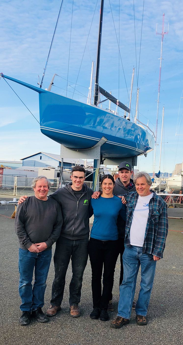 Hi-res image - Ocean Signal - James Betts Enterprises will build Lia Ditton's Antrim-designed ocean rowboat. From left: Jim Betts, Geoff Thilo, Lia Ditton, Will Porter and Jim Antrim