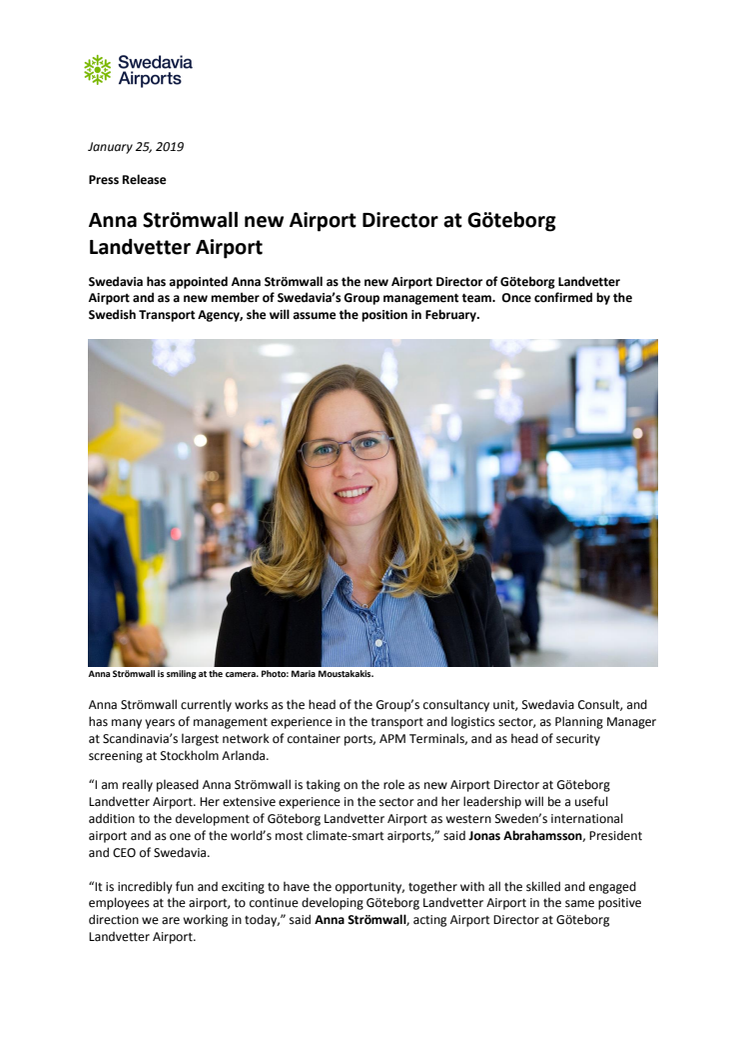 Anna Strömwall new Airport Director at Göteborg Landvetter Airport
