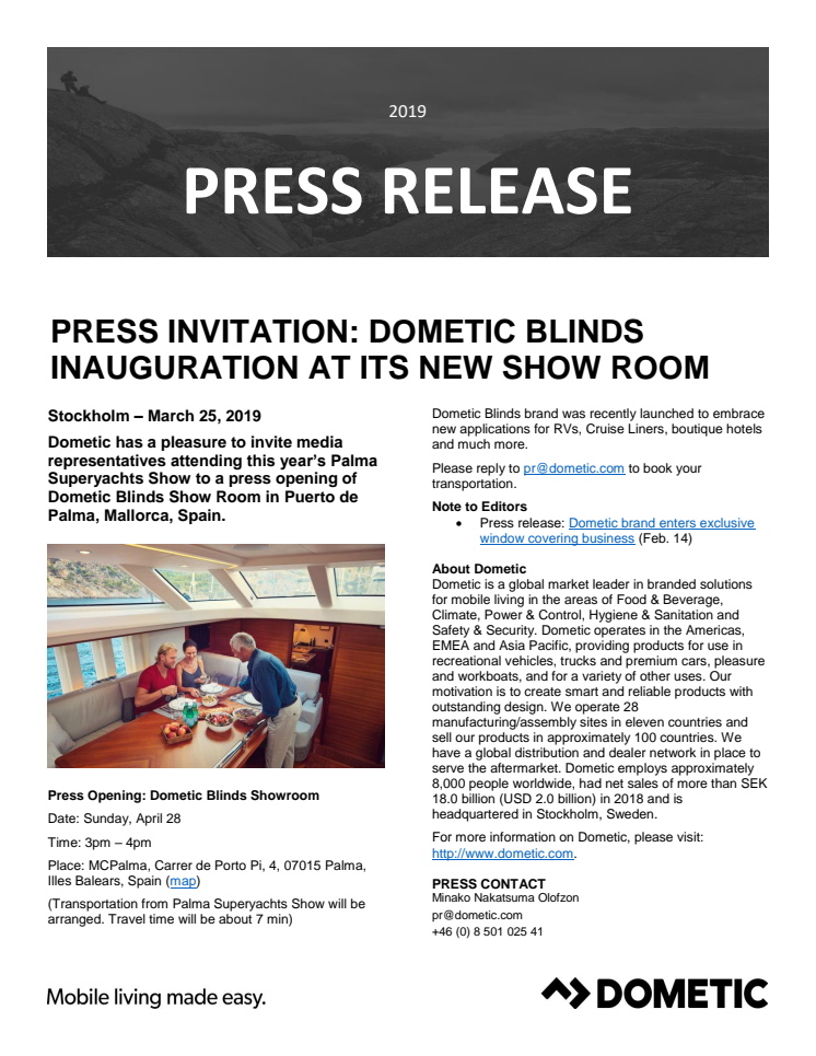 Dometic press event: Invitation to opening of Dometic Blinds Show Room in Puerto de Palma 
