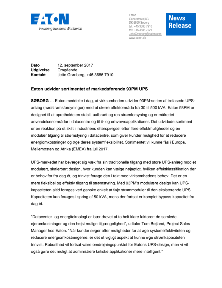 Eaton udvider sortimentet af markedsførende 93PM UPS
