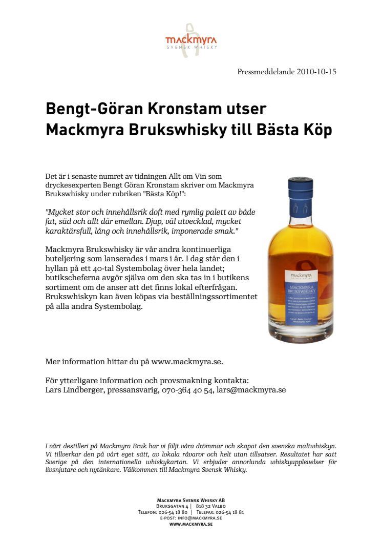 Bengt-Göran Kronstam utser Mackmyra Brukswhisky till Bästa Köp 