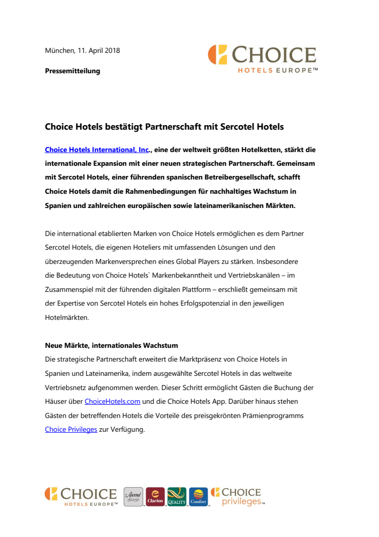 Choice Hotels bestätigt Partnerschaft mit Sercotel Hotels