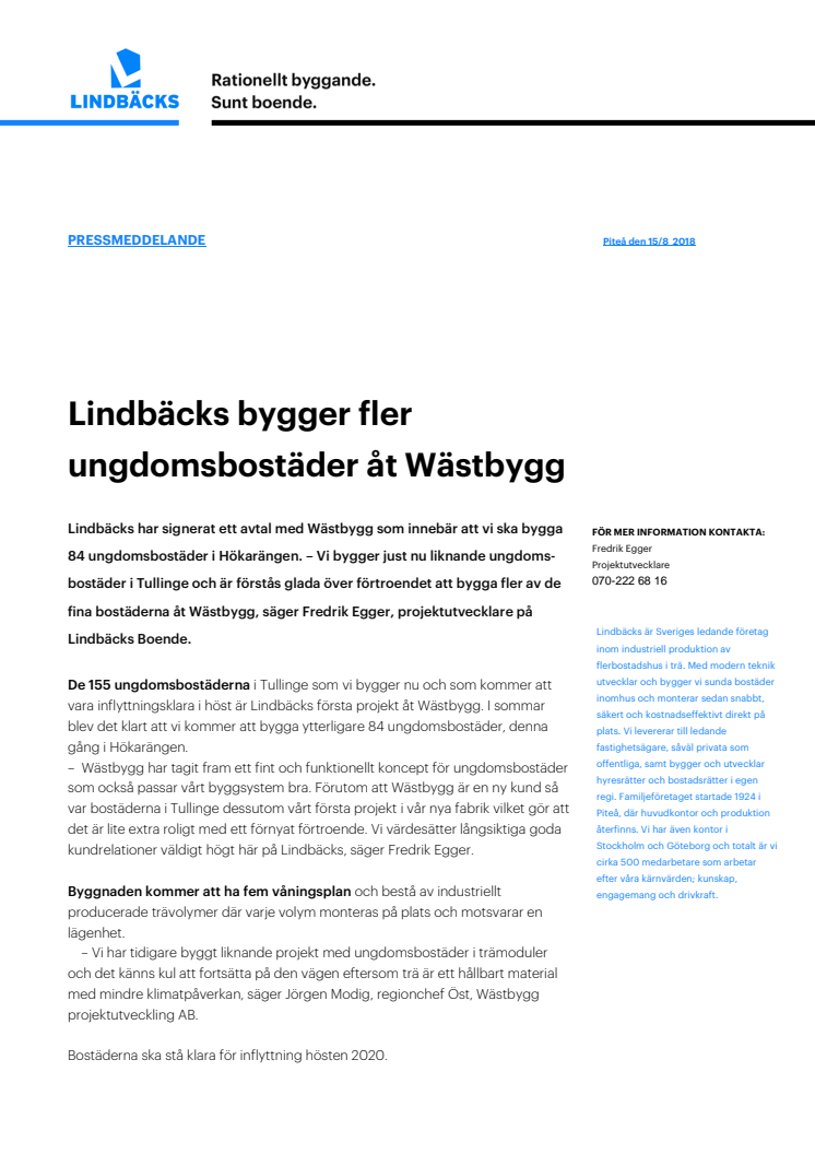 Lindbäcks bygger fler ungdomsbostäder åt Wästbygg