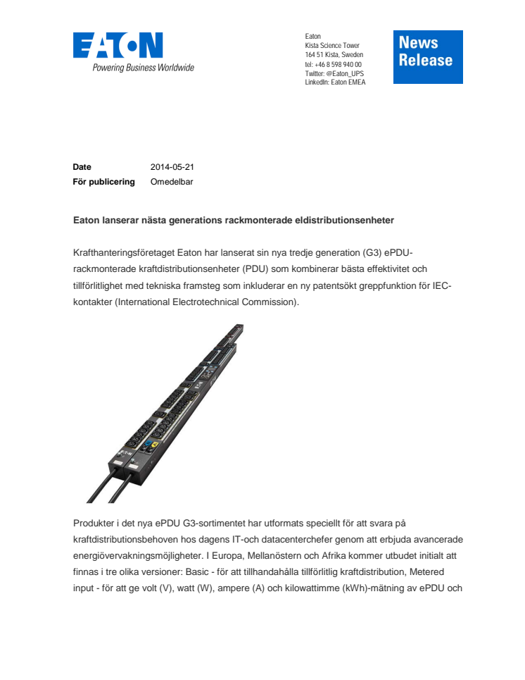 Eaton lanserar nästa generation rackmonterade eldistributionsenheter