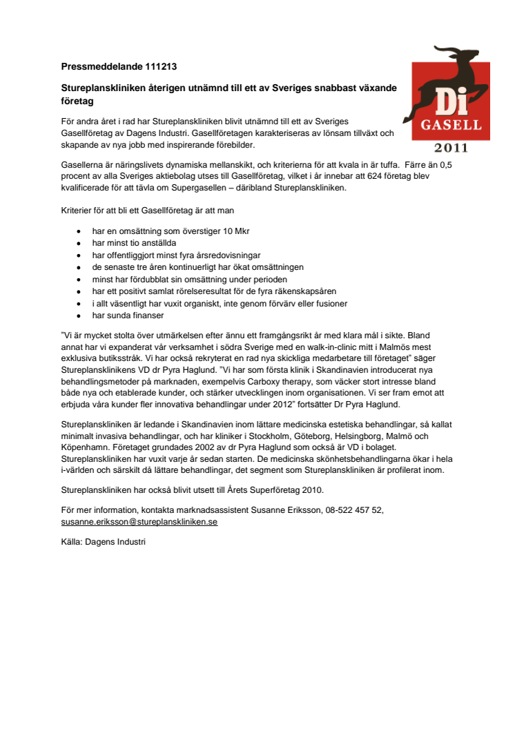 Stureplanskliniken återigen utnämnd till ett av Sveriges snabbast växande företag - Gasellföretag 2011