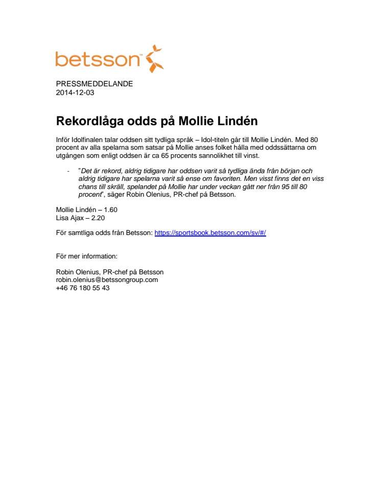 Rekordlåga odds på Mollie Lindén