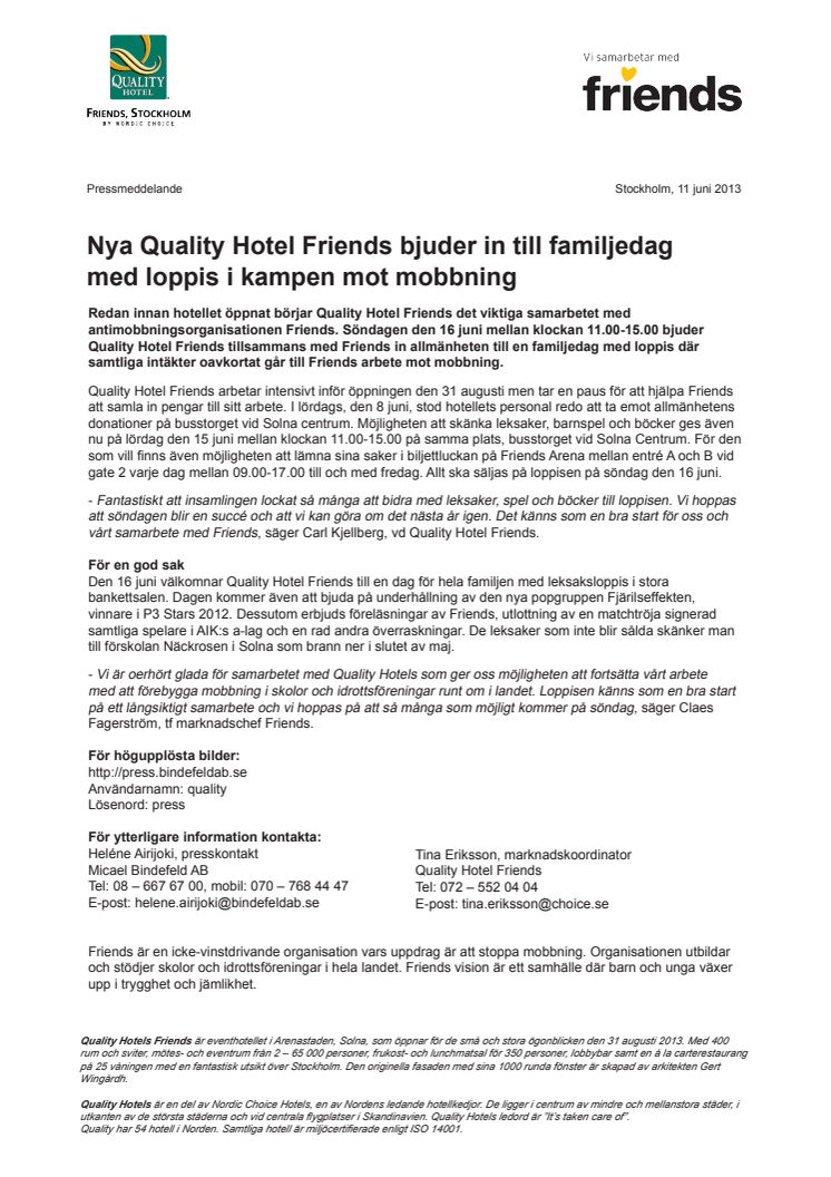 Nya Quality Hotel Friends bjuder in till familjedag med loppis i kampen mot mobbning