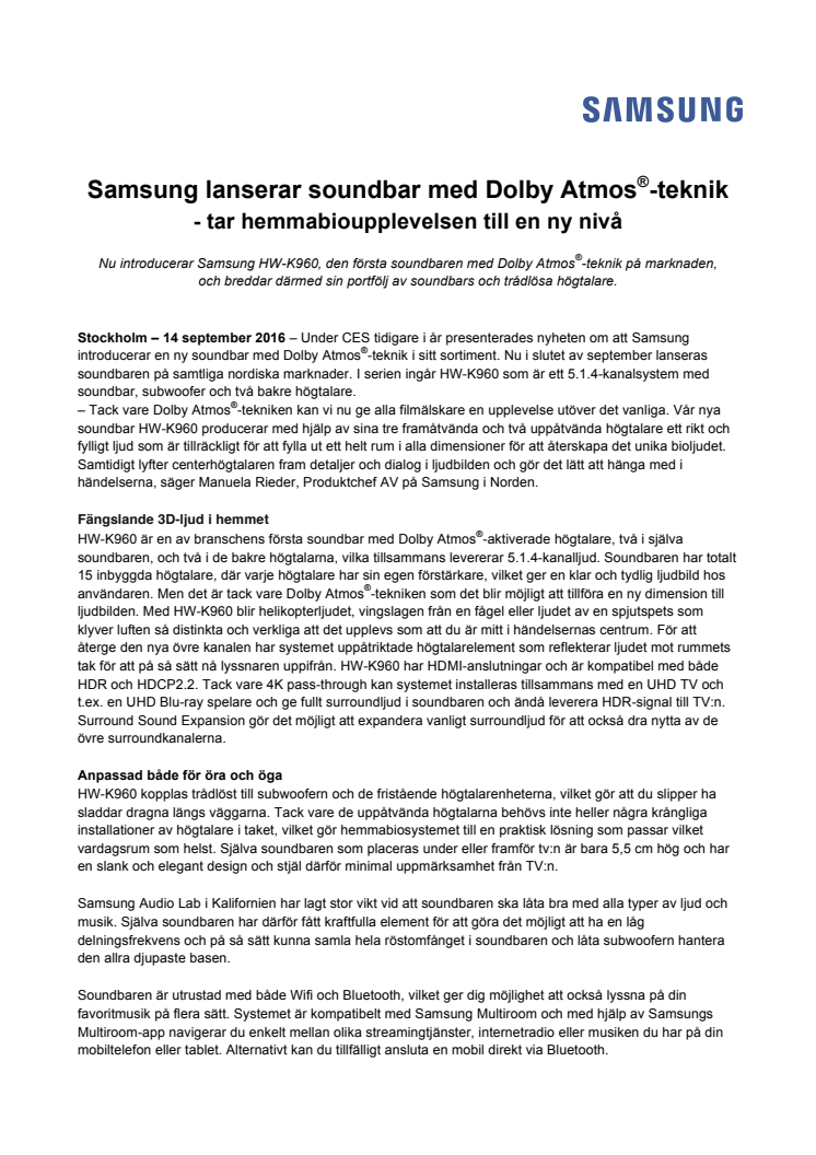 Samsung lanserar soundbar med Dolby Atmos®-teknik