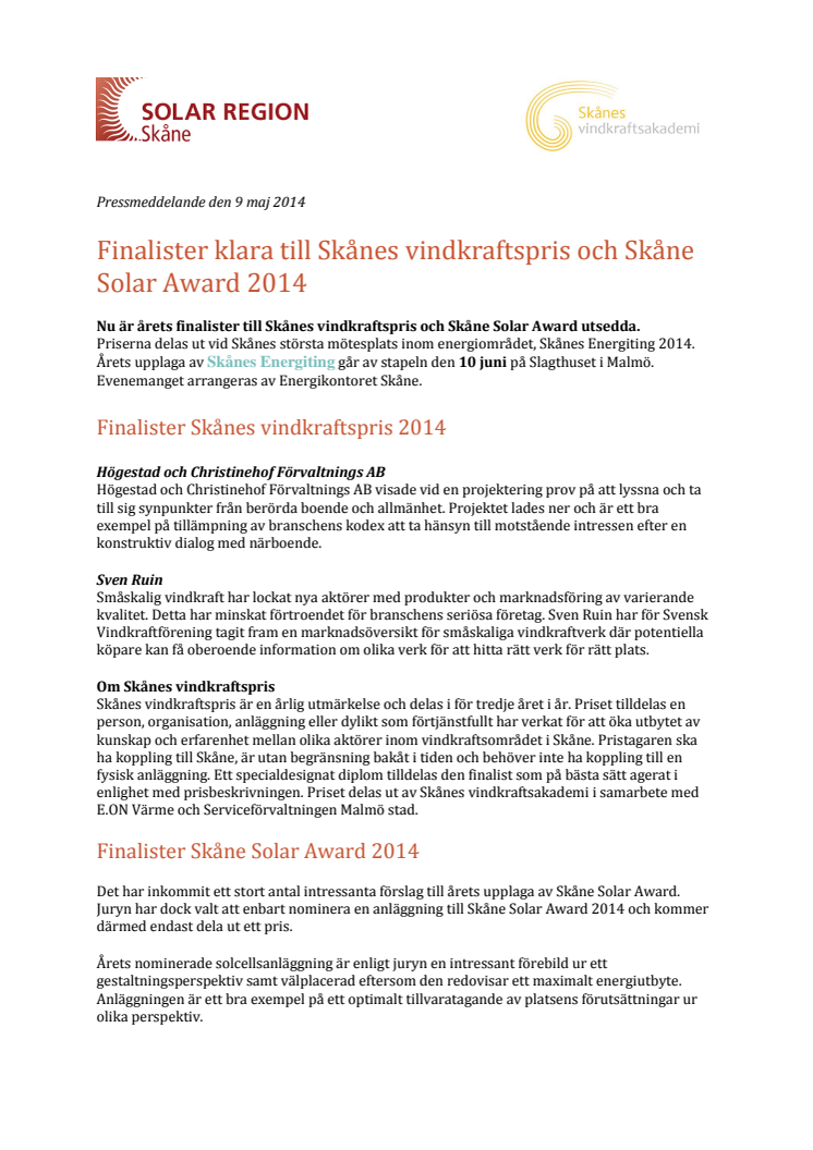 Finalister klara till Skånes vindkraftspris och Skåne Solar Award 2014 
