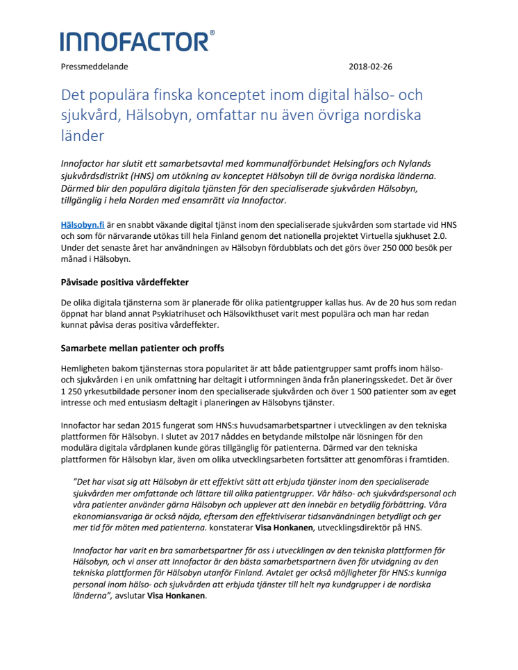 Det finska konceptet inom digital hälso- och sjukvård, Hälsobyn, omfattar nu även övriga nordiska länder